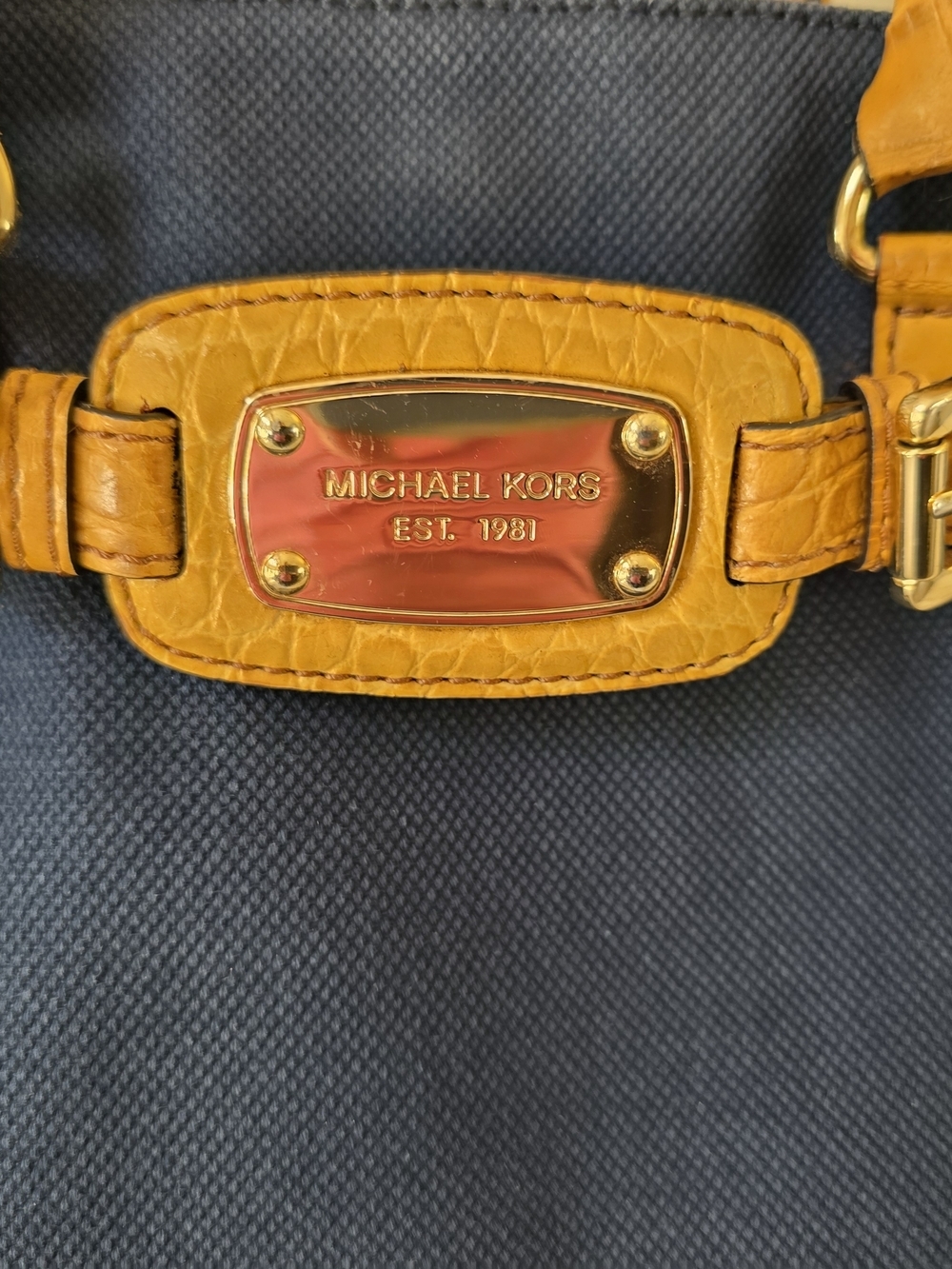 Michael Kors Hamilton East/West Large Tote Navy Canvas Leather Trim Crossbody - Picture 14 of 16